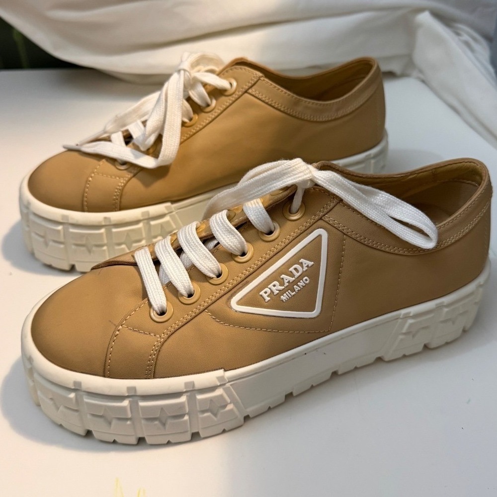 Prada Double Wheel Tan Beige Gabardine Nylon Sneakers Lug Sole Low Top EU38